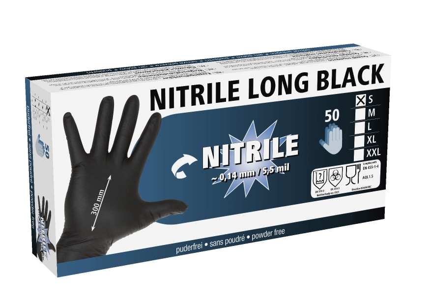 Nitrilhandschoenen Long Black 300mm, 50 stuks, maat M